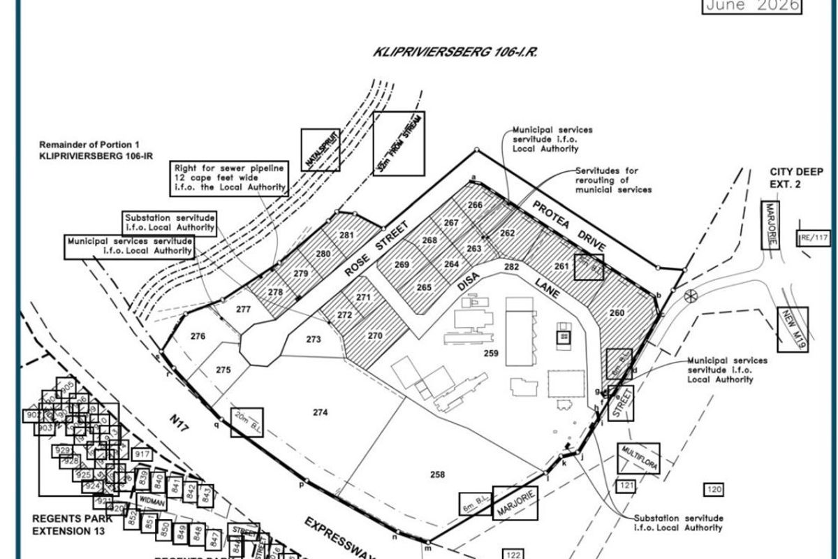 A detailed cadastral layout plan for City Deep Extension 29, showing erf boundaries, street names, and municipal service servitudes.