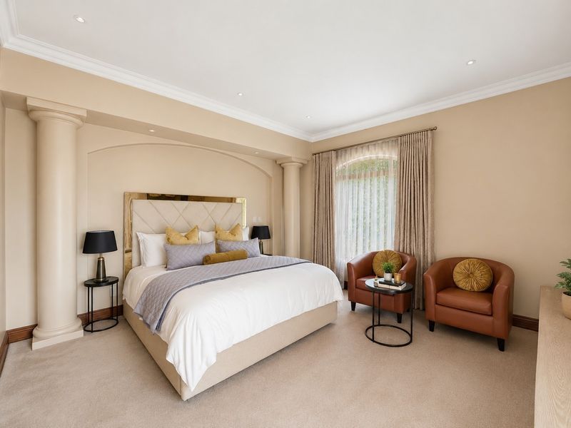 Spacious bedroom featuring elegant decorative columns, an arched wall niche, recessed lighting, and plush carpeting, creating a sophisticated and comfortable living space.