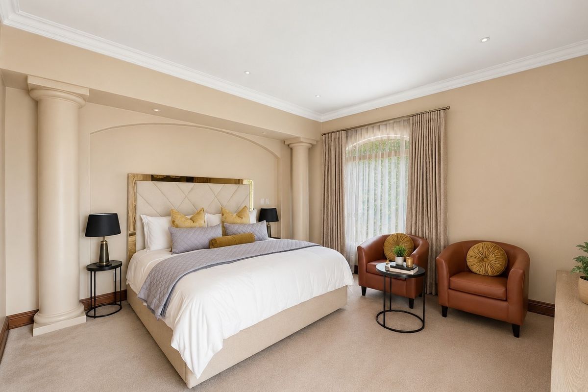 Spacious bedroom featuring elegant decorative columns, an arched wall niche, recessed lighting, and plush carpeting, creating a sophisticated and comfortable living space.