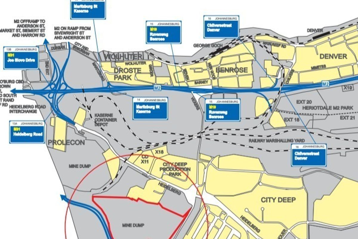 A map showing the location and layout of City Deep Extension 29, highlighting surrounding infrastructure and major road access points.