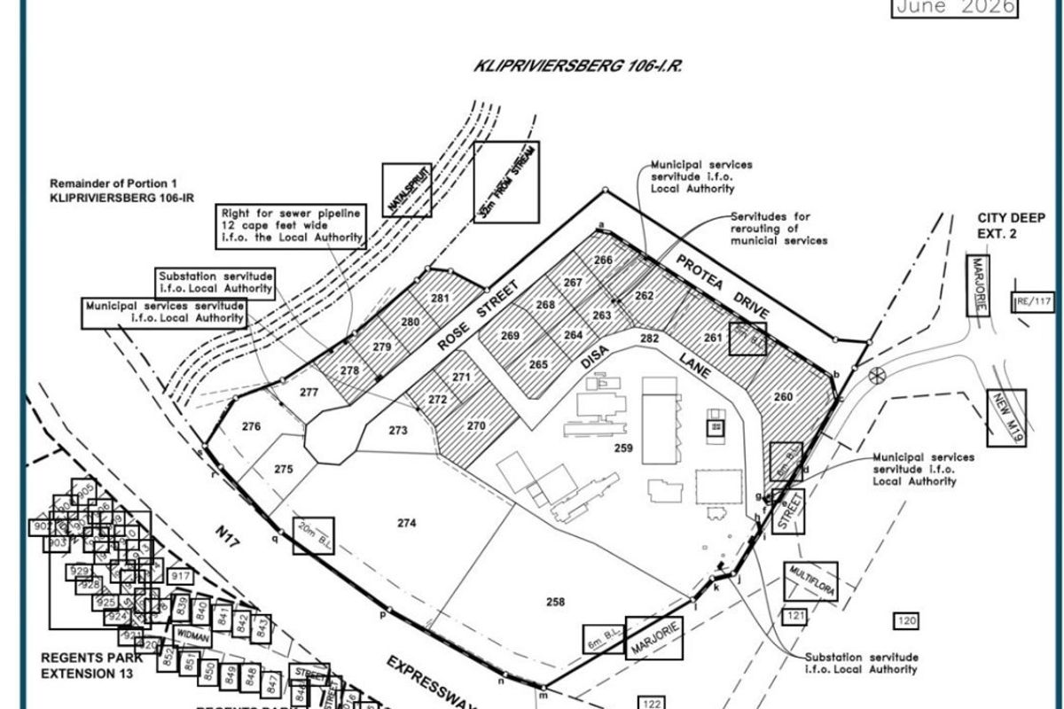 A detailed cadastral layout plan for City Deep Extension 29, showing erf boundaries, street networks, and municipal service servitudes.