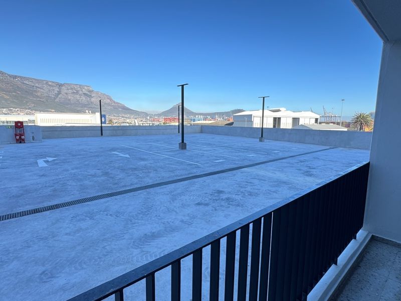 An open-air rooftop parking area featuring marked bays, concrete flooring, and metal safety railings with mountain and city views.