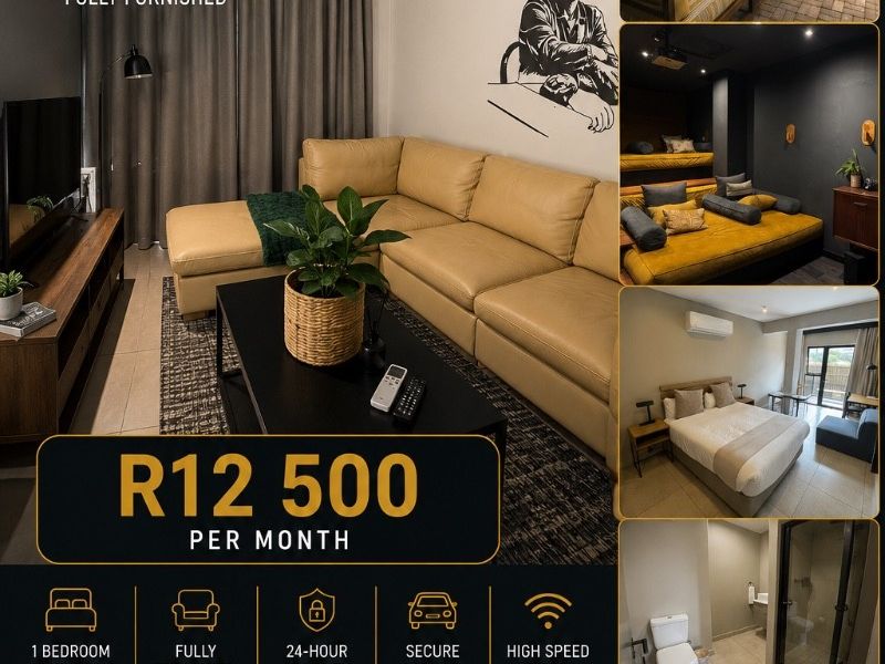 A promotional marketing flyer for a one-bedroom apartment in Sandton, Johannesburg, showcasing interior living spaces and building amenities.