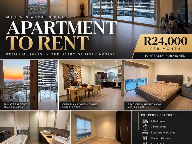 A promotional marketing collage showcasing the interior and exterior features of a modern apartment in Morningside, Sandton.