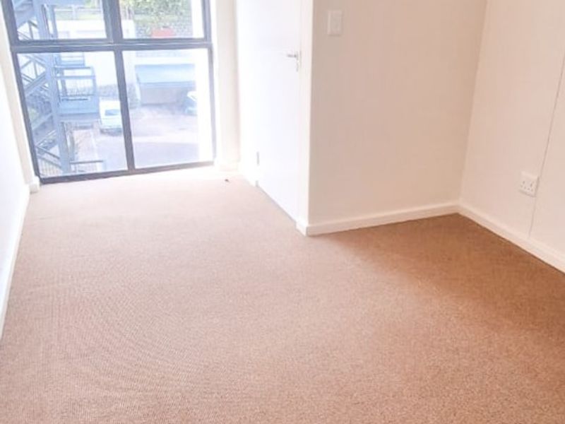 A bright, empty bedroom featuring neutral carpet flooring and a large aluminium-framed window providing natural light.