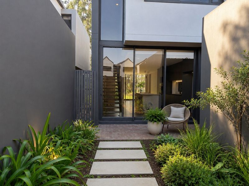A modern rear courtyard featuring a paved walkway, landscaped garden beds, and large sliding glass doors providing seamless access to the interior living space.