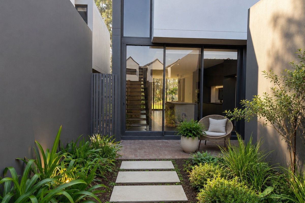 A modern rear courtyard featuring a paved walkway, landscaped garden beds, and large sliding glass doors providing seamless access to the interior living space.