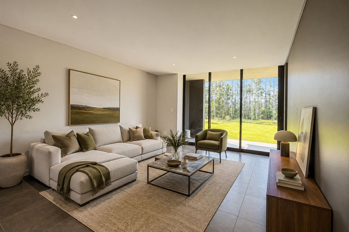 A modern, well-lit living room featuring large format floor tiles, recessed lighting, and expansive sliding glass doors that open onto a covered patio.
