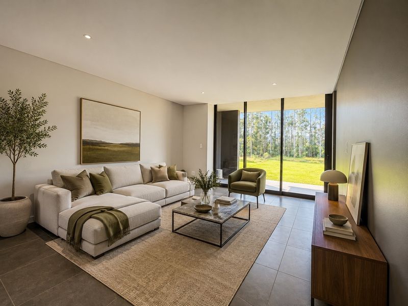 A modern, well-lit living room featuring large format floor tiles, recessed lighting, and expansive sliding glass doors that open onto a covered patio.