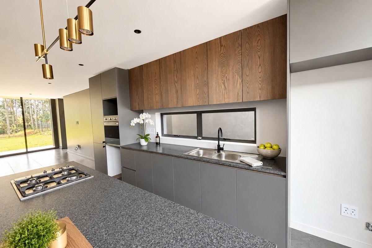 Modern kitchen featuring sleek grey cabinetry, wood-grain upper cabinets, stone countertops, a central island with a gas hob, and high-end integrated appliances.