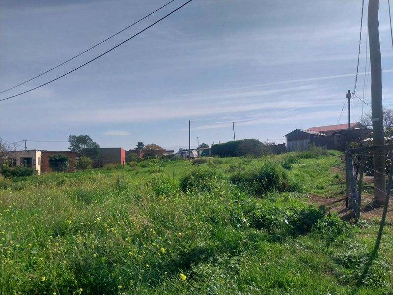 A view of a vacant residential plot featuring overgrown grass, utility poles, and perimeter wire fencing in a suburban setting.