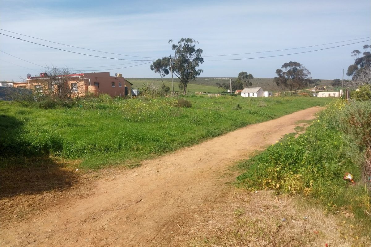 A view of a vacant residential plot featuring a dirt access road, surrounding grassland, and overhead power lines.