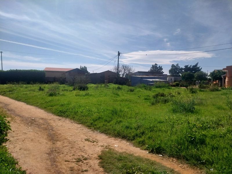 A vacant residential plot featuring a dirt access road, grassy terrain, and overhead utility infrastructure.