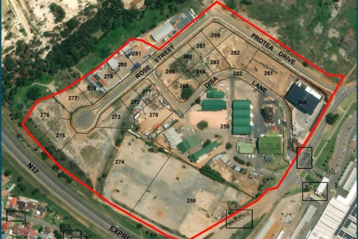 Aerial view of the City Deep Extension 29 agricultural land parcel, highlighting site boundaries, internal road layout, and existing industrial structures.