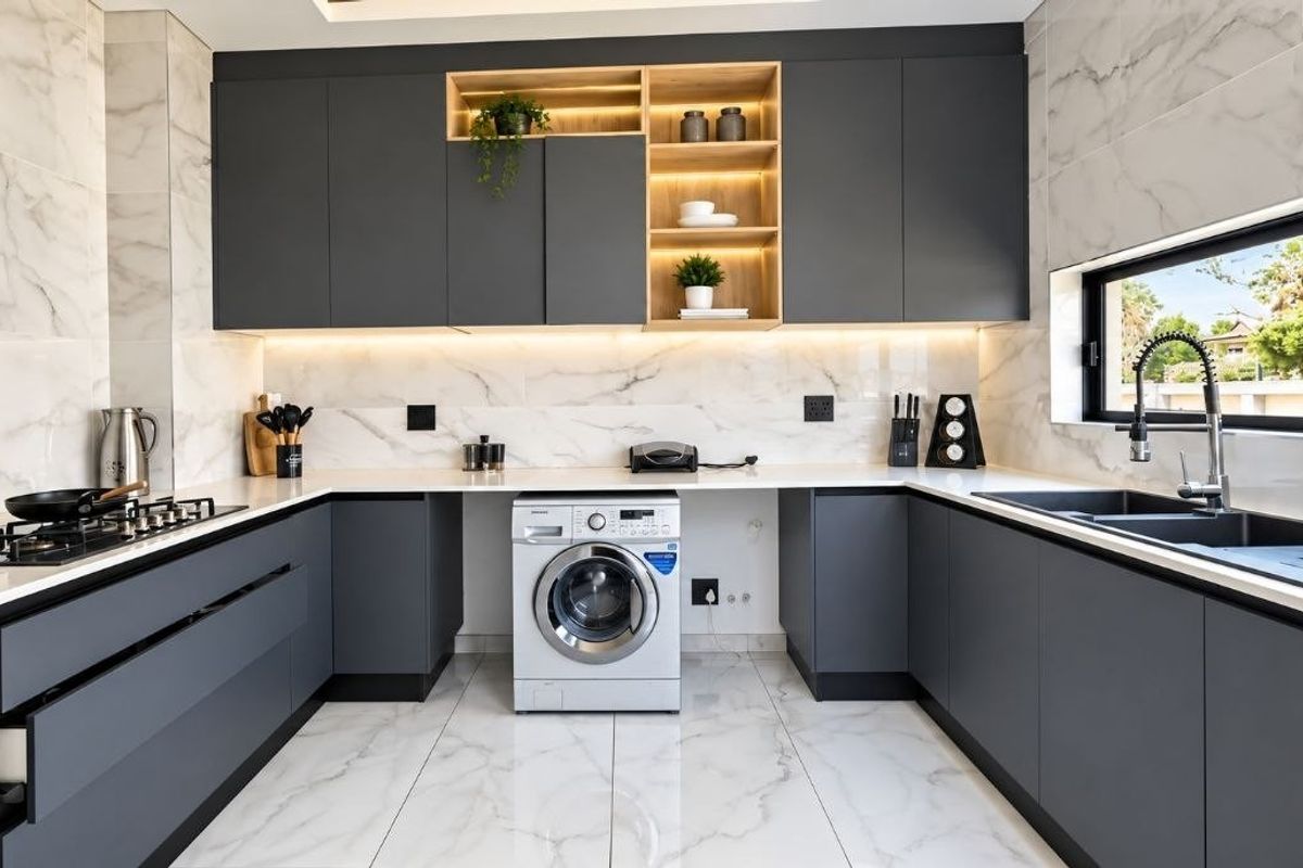 Modern kitchen featuring dark grey cabinetry, marble-look wall and floor tiles, gas hob, and integrated shelving with under-cabinet lighting.