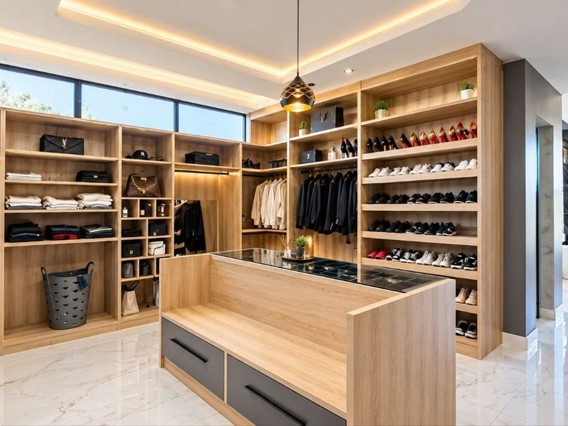 A modern, high-end walk-in closet featuring extensive custom wood cabinetry, a central island, recessed lighting, and polished marble-look floor tiles.