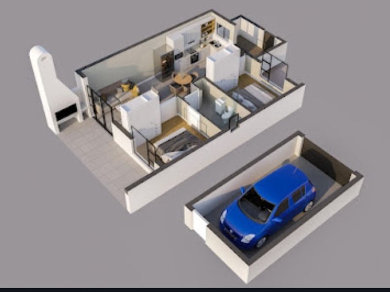 A 3D floor plan rendering showing the layout of the residence, including living areas, bedrooms, kitchen, and a detached garage.