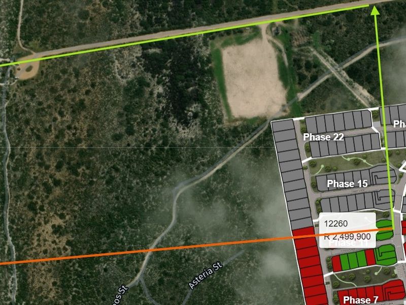 An aerial map view showing the layout and availability status of various phases within a residential development project.