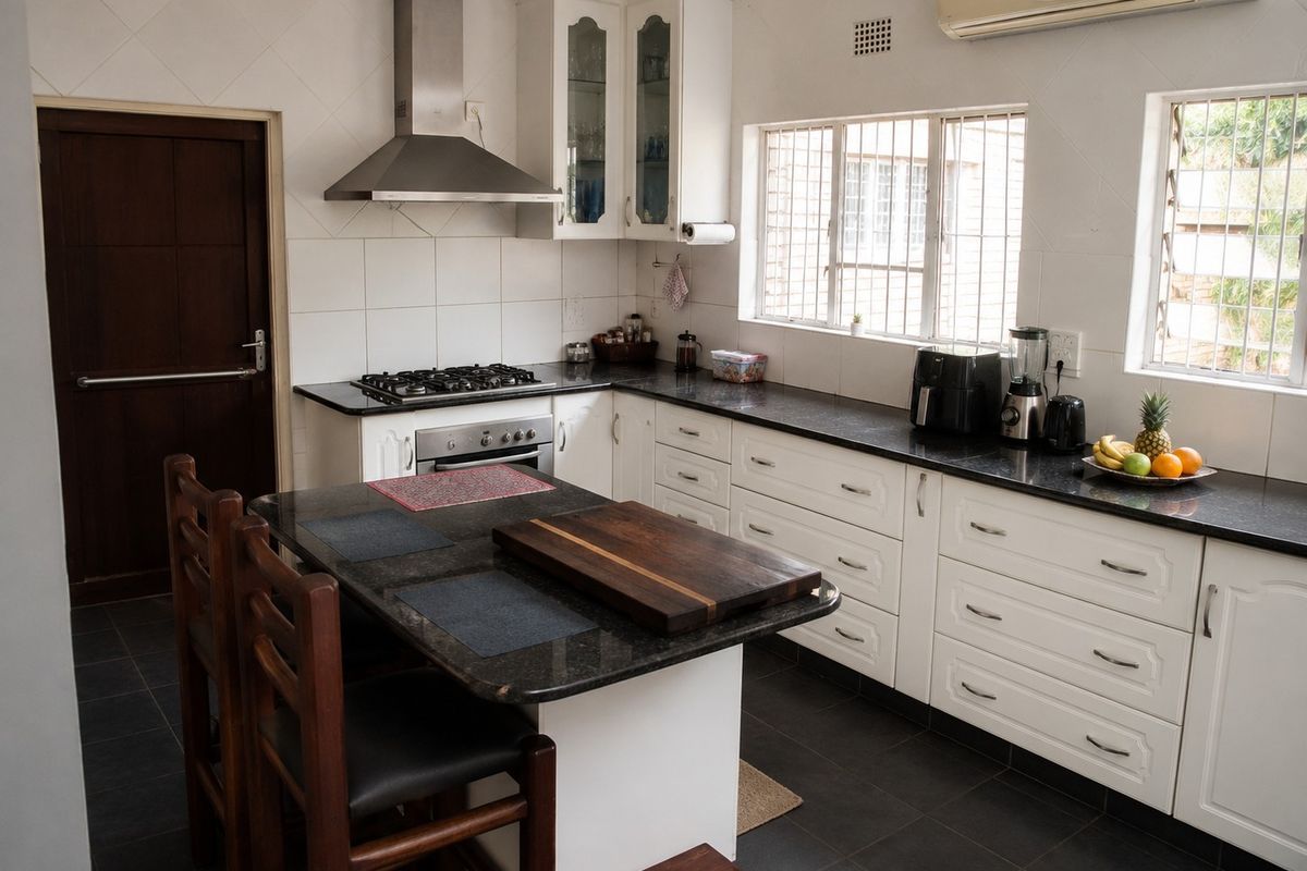 A functional kitchen featuring white cabinetry, dark granite countertops, a gas hob with extractor fan, and tiled flooring with integrated air conditioning.