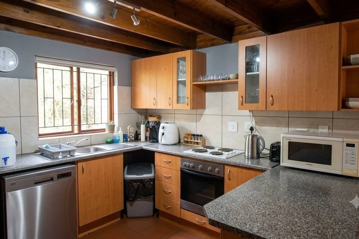 A functional kitchen featuring laminate cabinetry, granite countertops, a built-in oven with electric hob, and distinctive exposed timber ceiling beams.