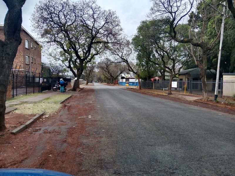 A view of the residential street approach featuring mature trees, asphalt road, and perimeter security fencing.