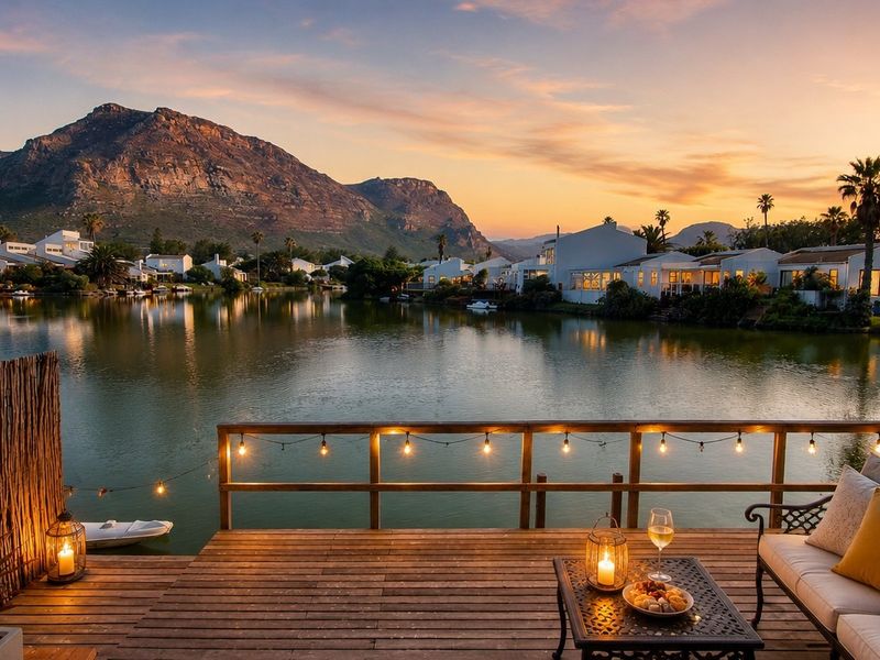 A beautifully maintained timber deck patio overlooking a serene lake and mountain landscape at sunset, featuring integrated lighting and a peaceful waterfront setting.