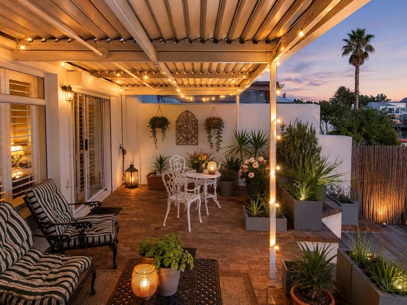A beautifully maintained covered patio featuring brick paving, a louvered roof, and direct access to the waterfront, offering a serene outdoor living space.