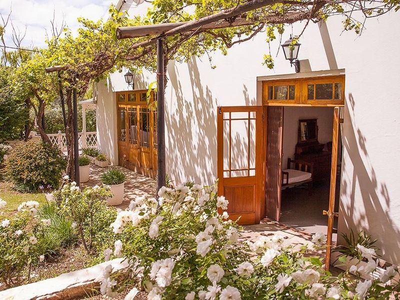 A charming outdoor patio area featuring a vine-covered pergola, paved flooring, and timber-framed glass doors providing access to the interior.