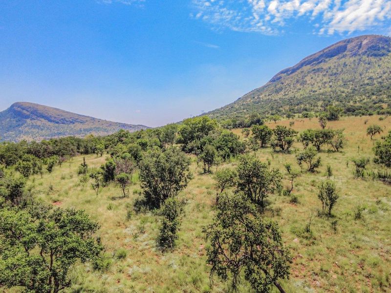 A scenic aerial view of the vacant residential land featuring natural vegetation, indigenous trees, and expansive mountain vistas.