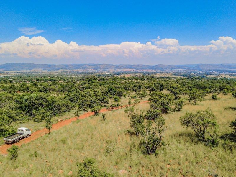 An aerial view of a large, undeveloped residential plot featuring natural vegetation and a dirt access road with distant mountain views.