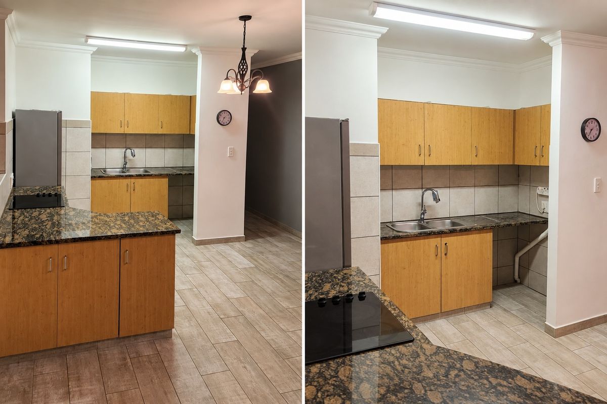 A functional kitchen featuring light wood cabinetry, granite countertops, a double bowl sink, and an electric hob with tiled backsplash and flooring.
