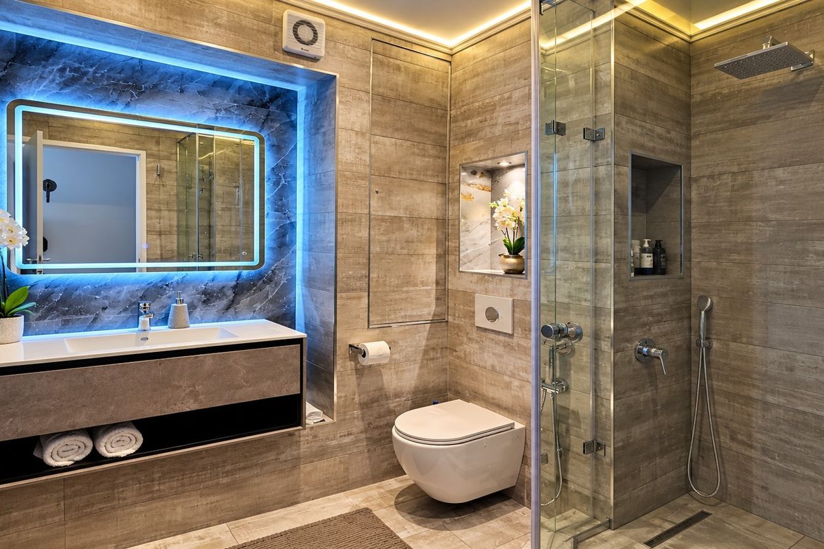 Modern, high-end bathroom featuring a walk-in shower, wall-mounted toilet, sleek vanity with integrated basin, and sophisticated LED ambient lighting.