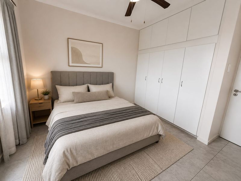 A well-maintained bedroom featuring neutral tones, tiled flooring, a ceiling fan, and extensive floor-to-ceiling built-in cupboards for ample storage.
