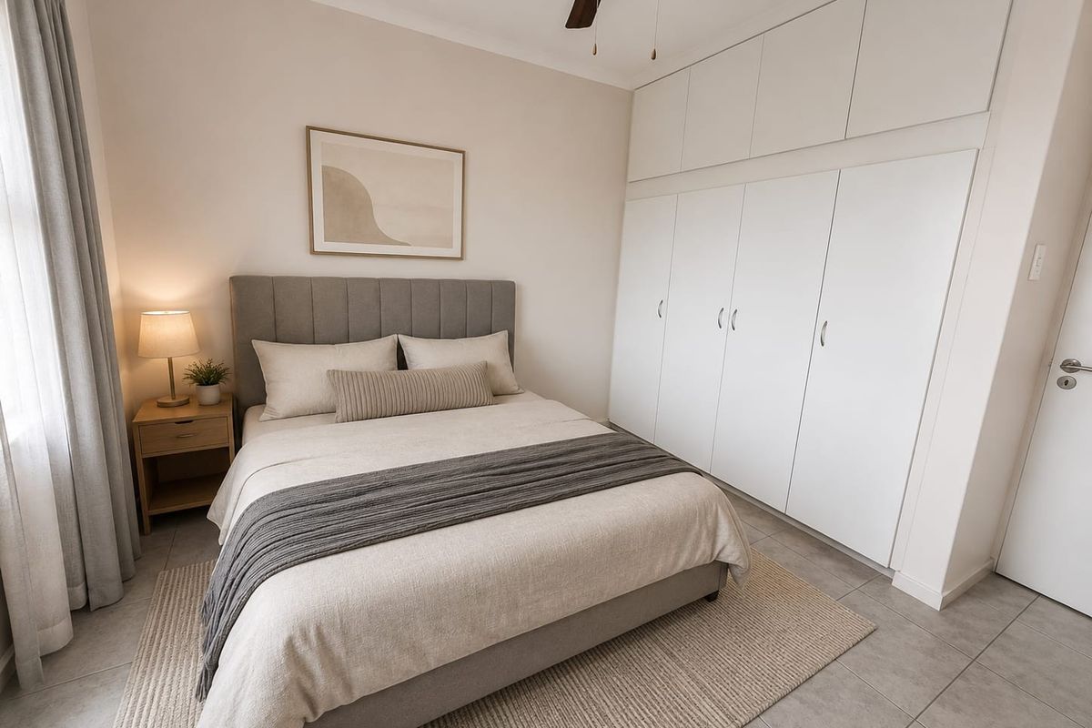 A well-maintained bedroom featuring neutral tones, tiled flooring, a ceiling fan, and extensive floor-to-ceiling built-in cupboards for ample storage.