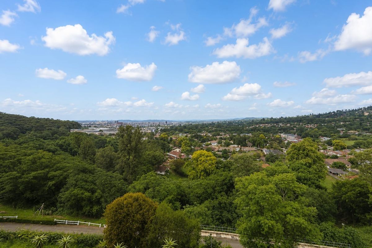 An elevated panoramic view overlooking a lush green suburban landscape with distant city buildings under a bright blue sky.