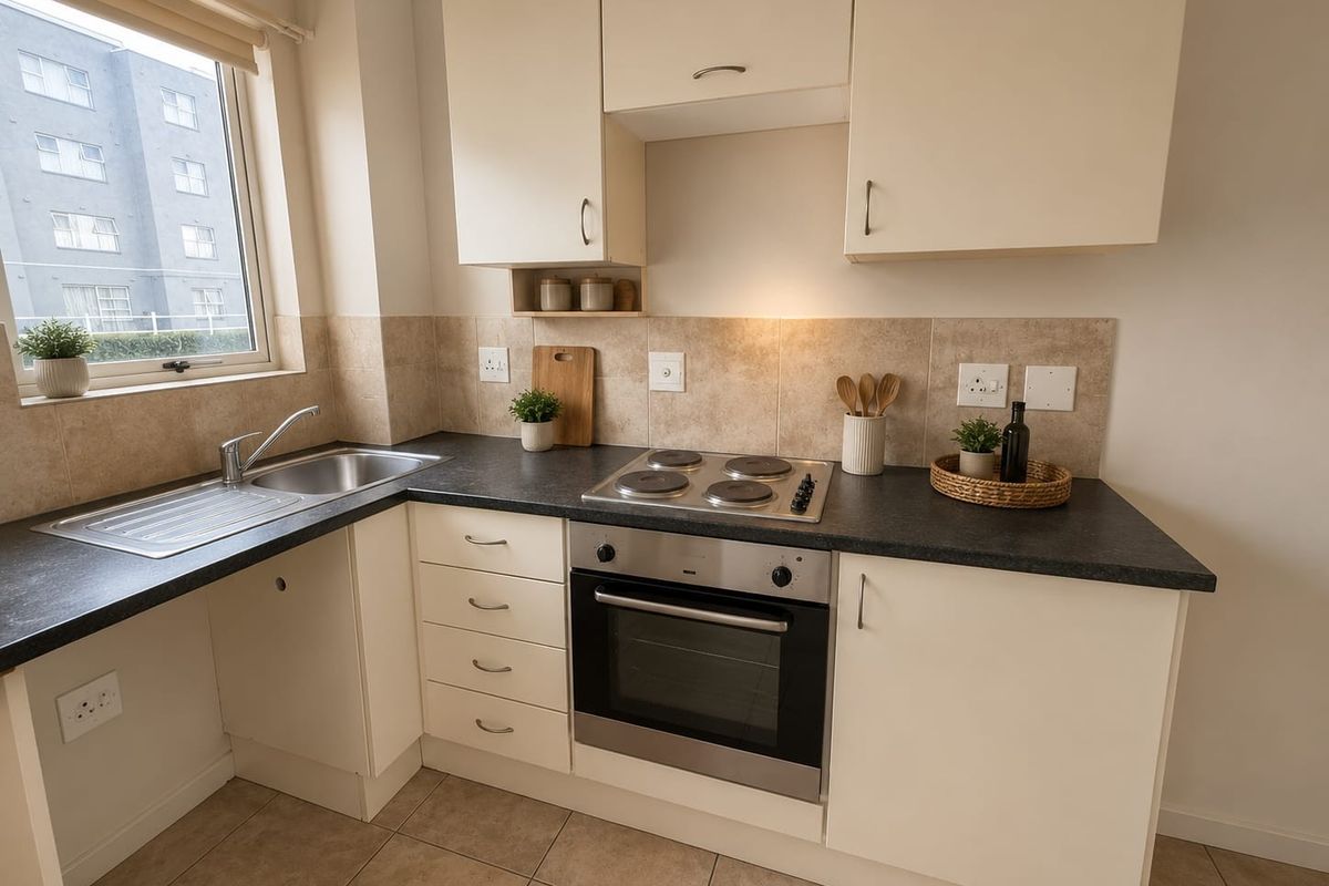 A functional kitchen featuring cream cabinetry, dark laminate countertops, a built-in oven with electric hob, and tiled backsplash with neutral floor tiles.