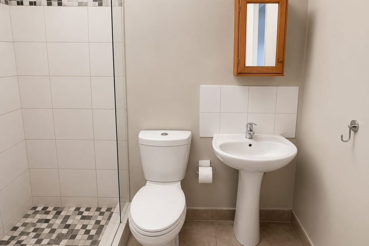 A clean, functional bathroom featuring a pedestal basin, a modern toilet, and a glass-enclosed shower with decorative tiled flooring.
