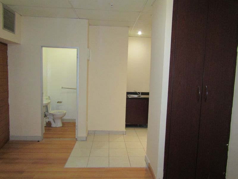 An open-plan apartment interior featuring a kitchenette, built-in cupboards, and an adjacent bathroom, finished with a mix of laminate and tiled flooring.