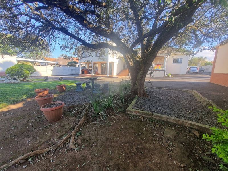 A spacious rear garden area featuring a large mature tree, paved driveway, and a covered patio attached to the main house structure.