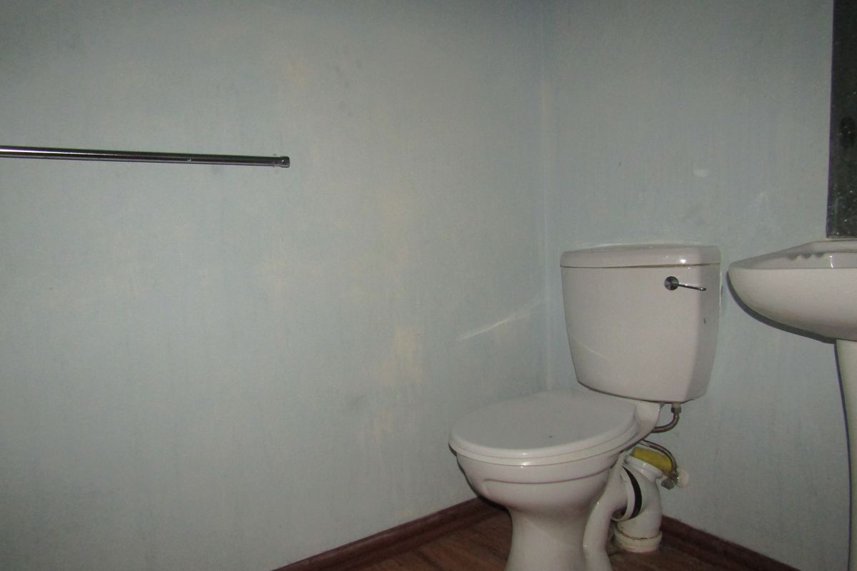 A compact bathroom featuring a standard toilet and pedestal basin, requiring cosmetic updates to the wall finishes and general maintenance.