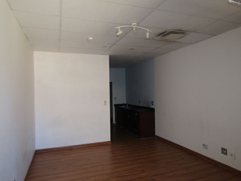 An empty open-plan living area featuring laminate flooring, a drop ceiling, and a compact kitchenette with a sink.