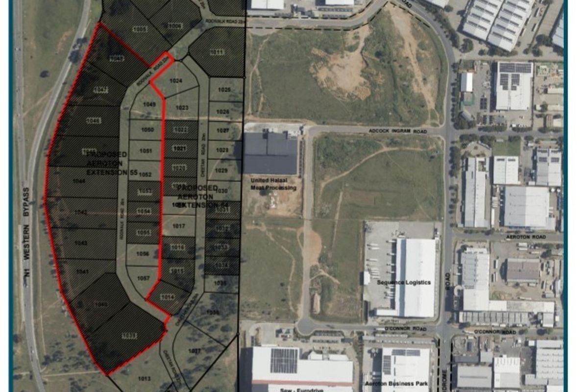 An aerial site development plan showing proposed land extensions and subdivision layout for the Aeroton industrial area.