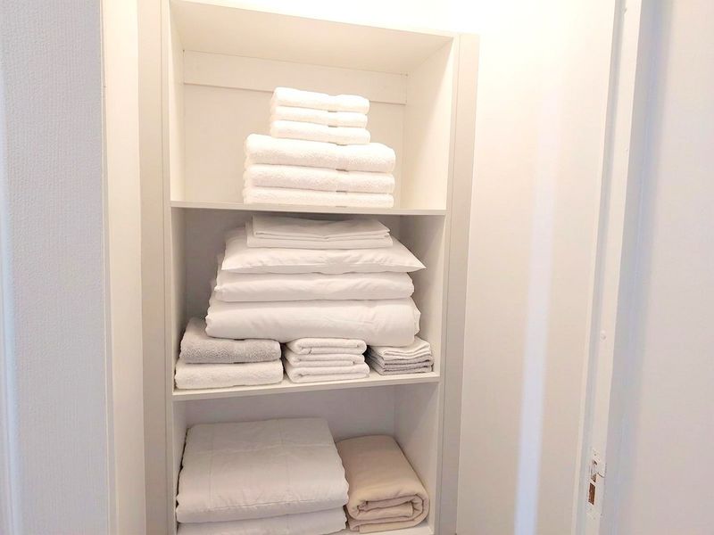 A clean, built-in storage cupboard featuring multiple fixed shelves, ideal for linen or household utility storage.