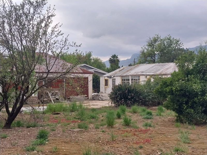 Rear view of the property showing a detached garage and main dwelling with weathered exterior finishes and significant garden maintenance required.