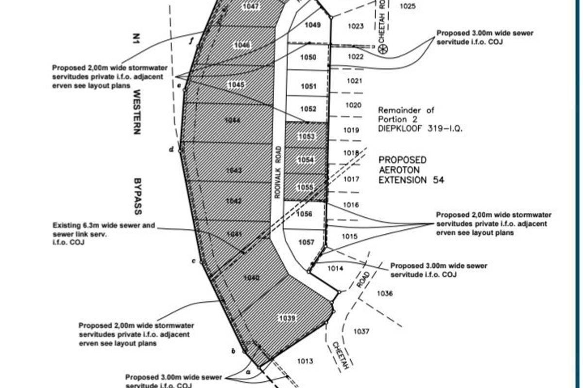 A detailed site layout plan for Aeroton Extension 55, showing erf boundaries, sizes, and proposed municipal sewer and stormwater servitudes.