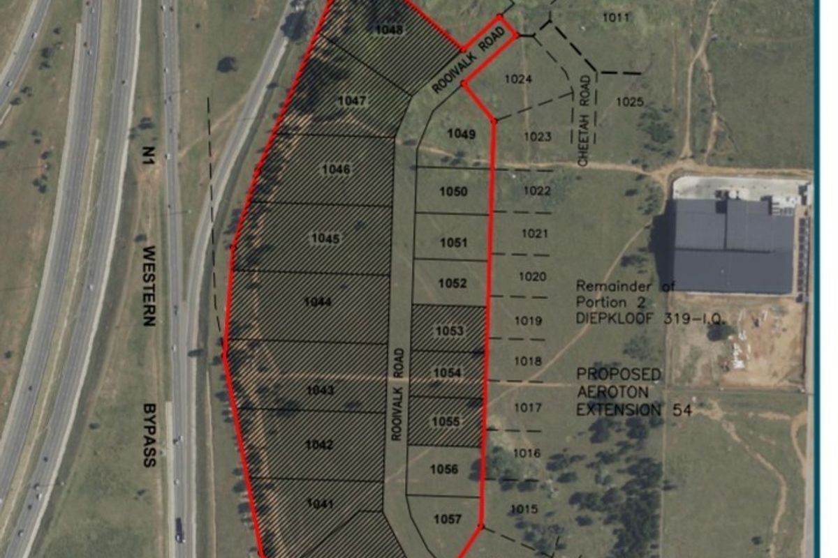 An aerial site plan showing the layout of Aeroton Extension 55, highlighting individual land portions and road access.
