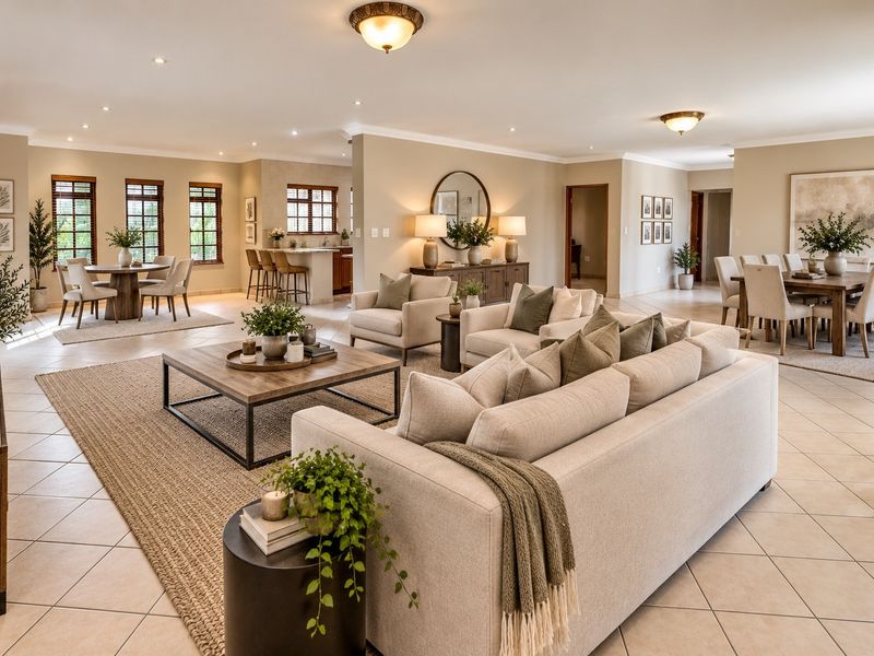 Spacious open-plan living area featuring tiled floors, recessed lighting, and a seamless flow between the lounge, dining space, and kitchen breakfast bar.