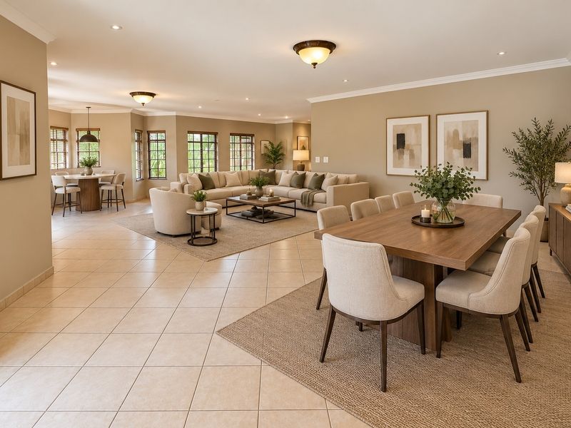 Spacious open-plan living and dining area featuring neutral tones, tiled flooring, and abundant natural light through multiple windows.