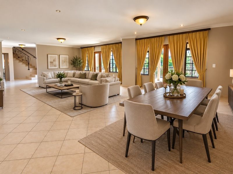 Spacious open-plan living and dining area featuring tiled floors, recessed lighting, and elegant wrought iron staircase detailing, with direct access to outdoor spaces.