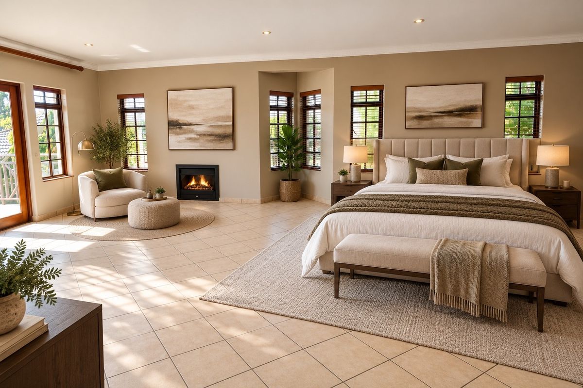 Spacious primary bedroom featuring tiled flooring, a built-in fireplace, and large windows providing ample natural light and access to an outdoor balcony.